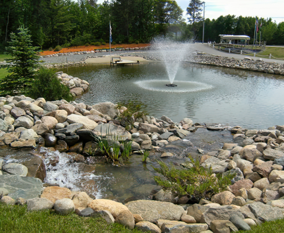 Northwoods dock landscaping scene with waterfall and pond